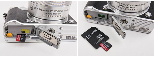 니콘 1 J5에 트랜센드 micro SD 400x를 장착했다. 기본으로 제공되는 SD 어댑터를 사용하면 더욱 다양한 장비에 활용할 수 있다.