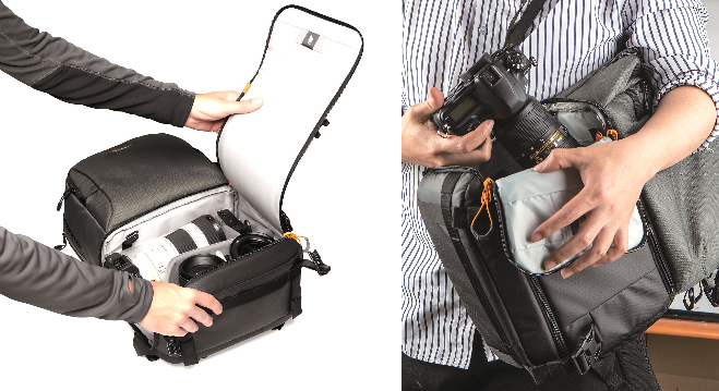 사이드 포켓으로 가방을 내리지 않고도 장비의 입출력이 가능하며 개폐부를 더 확장할 수 있는 것이 특징이다.
